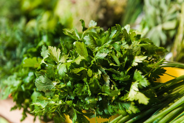 Supermarket shelf, Fresh organic herbs on display parsley, green onion, radish. Fresh organic Vegetables on shelf in supermarket, farmers market.