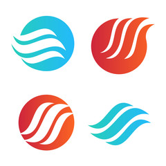 Wavy wave in round shape, red and blue feather logos. Isolated abstract decorative logo set, design element template on white background