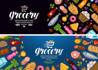 Fototapeta na wymiar Grocery store, banner. Food and drinks label. Vector illustration