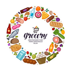 Grocery store, banner. Food, drinks set icons. Vector illustration