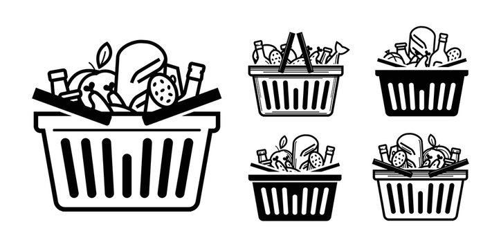 Grocery store icon. Shopping cart or basket full with food and drinks. Vector illustration