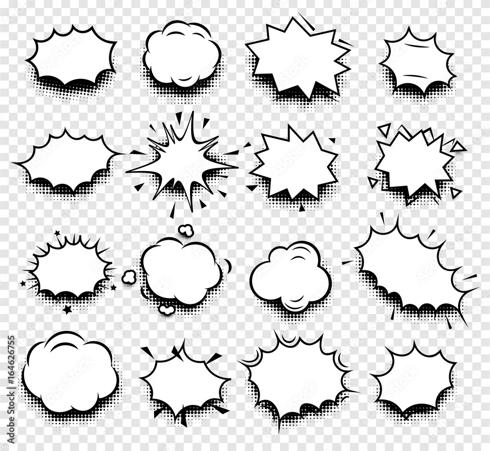 Poster isolated abstract black and white color comics speech balloons icons collection on checkered backgro