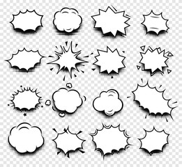 Isolated abstract black and white color comics speech balloons icons collection on checkered background, dialogue boxes signs set,dialog frames vector illustration. - obrazy, fototapety, plakaty