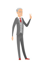 Caucasian businessman showing victory gesture.