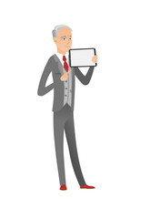 Caucasian businessman holding tablet computer.