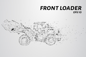 Front loader from the particles. Construction equipment is scattered on small molecules. Vector illustration.