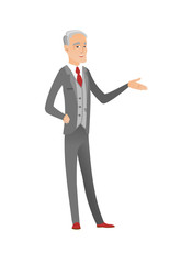 Businessman with arm out in a welcoming gesture.