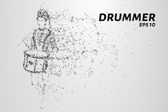 The drummer of the particles. The drummer in a school band consists of circles and points. Vector illustration.