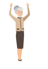 Senior business woman standing with raised arms up