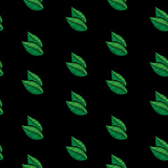 Seamless pattern with little green leaf embroidery stitches imitation