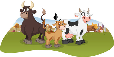 Cartoon cow, calf and bull. Farm background.
