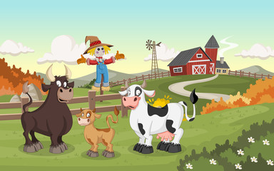 Cartoon cow, calf and bull. Farm background.
