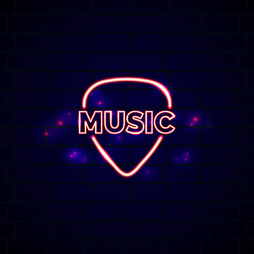 Neon music shop sign with plectrum. Glowing guitar shop vector emblem in line style.