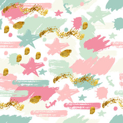 Green pink gold white cute grunge seamless abstract pattern with different random brush strokes, geometrical shapes stars, dot, lines, splashes. Infinity geometric pattern. Vector illustration.