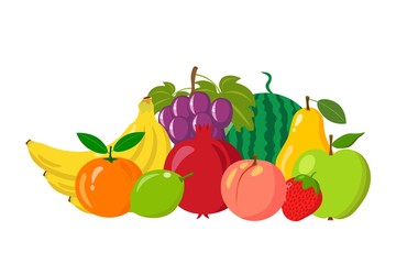 Heap of natural fruits isolated on white background. Cartoon and flat style. Vector illustration