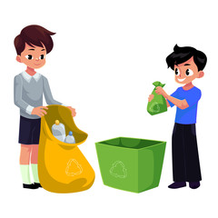 Kids, boys collect plastic bottles into garbage bag, waste recycling concept, cartoon vector illustration isolated on white background. Two children, boys collect garbage together