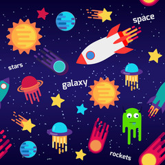 Seamless children cartoon space pattern with rockets, planets, stars, the dark night sky background. Vector illustration.