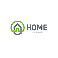 Home linear vector logo. Smart house line art green and gray blue logotype. Outline real estate icon.