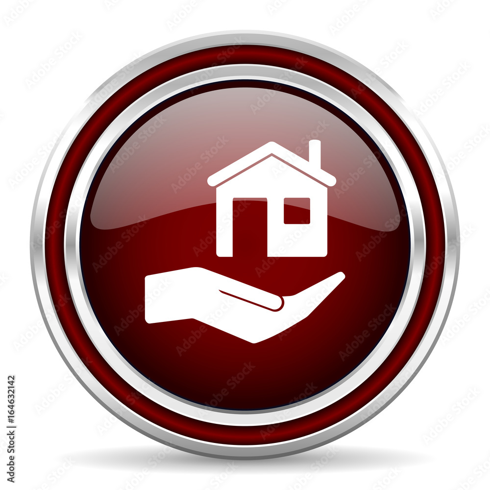 Poster house care red glossy icon. chrome border round web button. silver metallic pushbutton.