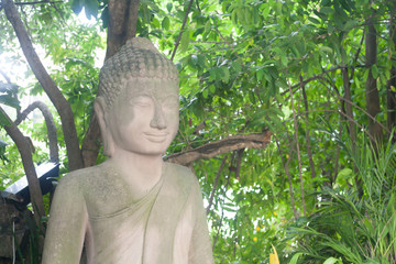 Meditative Ancient Buddha Statue Portrait close up in Cambodian Temple Green Plants with big leaves.