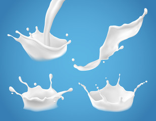 Set of 3D vector illustrations, milk splash and pouring, realistic natural dairy products, yogurt or cream, isolated on blue background. Print, template, design element