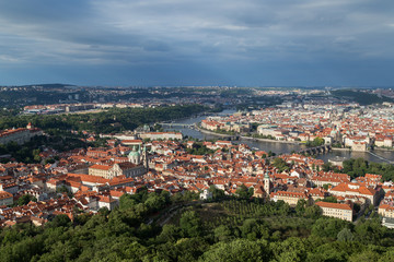 Fototapeta na wymiar View of the Mala Strana District (Lesser Town), Vltava River and Old Town in Prague, Czech Republic, from above.