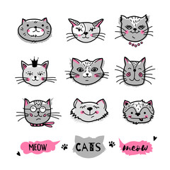 Cats faces, Hand drawn doodle cats icons collection. Cartoon comic cute kittens Vector illustration