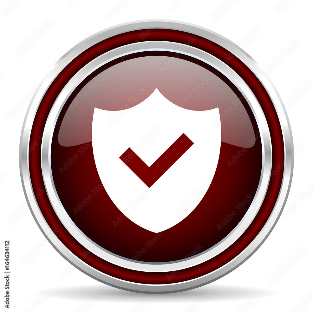 Poster Shield red glossy icon. Chrome border round web button. Silver metallic pushbutton.