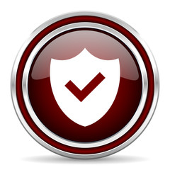 Shield red glossy icon. Chrome border round web button. Silver metallic pushbutton.