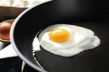 Delicious over easy egg in pan, closeup