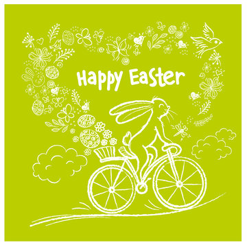 Cute Easter rabbit on city bicycle with gift egg in basket. Vector illustration