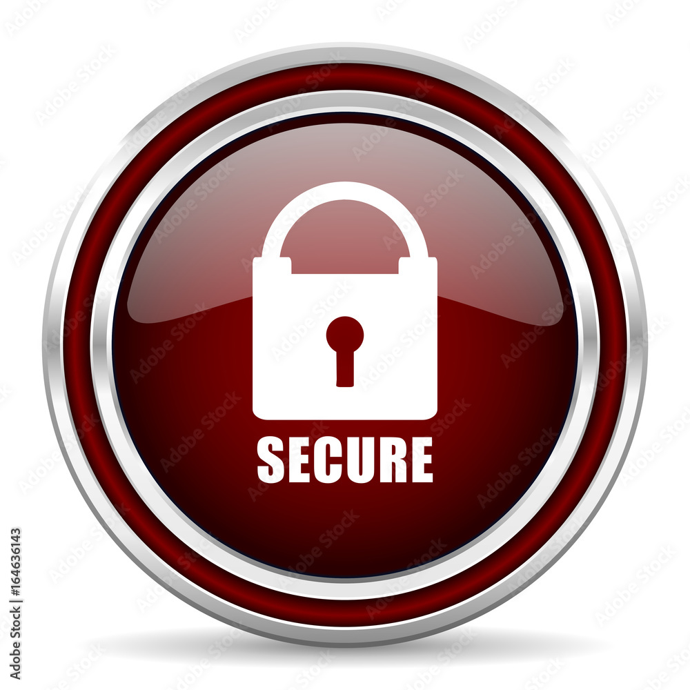 Fototapete Secure red glossy icon. Chrome border round web button. Silver metallic pushbutton.