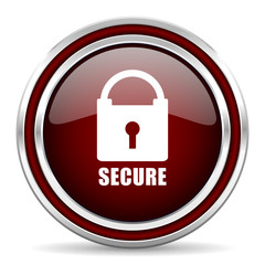 Secure red glossy icon. Chrome border round web button. Silver metallic pushbutton.
