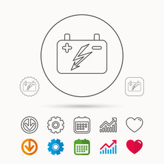 Accumulator icon. Electrical battery sign. Calendar, Graph chart and Cogwheel signs. Download and Heart love linear web icons. Vector