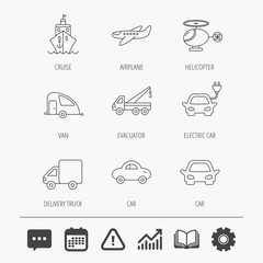 Transportation icons. Car, ship and truck linear signs. Airplane, helicopter and evacuator flat line icons. Education book, Graph chart and Chat signs. Attention, Calendar and Cogwheel web icons