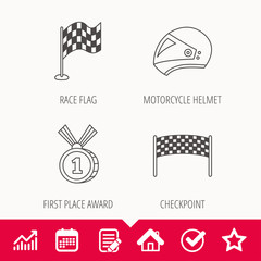 Race flag, checkpoint and motorcycle helmet icons. Winner award medal linear signs. Edit document, Calendar and Graph chart signs. Star, Check and House web icons. Vector