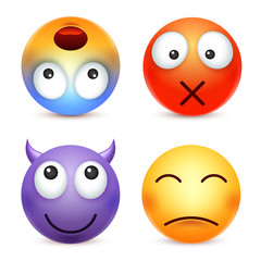 Smiley,emoticon set. Yellow face with emotions. Facial expression. 3d realistic emoji. Sad,happy,angry faces.Funny cartoon character.Mood. Web icon. Vector illustration.