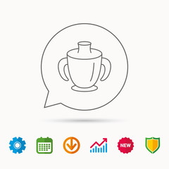 Obraz premium Toddler spout cup icon. Baby mug sign. Flip top feeding bottle symbol. Calendar, Graph chart and Cogwheel signs. Download and Shield web icons. Vector