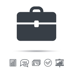 Briefcase icon. Diplomat handbag symbol. Business case sign. Chat speech bubble, chart and presentation signs. Contacts and tick web icons. Vector