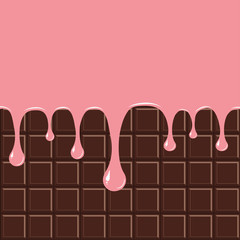 Pink cream. Melted pink cream dripping down on chocolate bar background