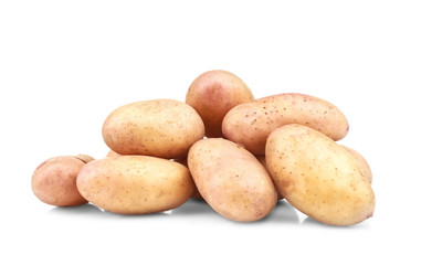 Raw unpeeled potatoes on white background