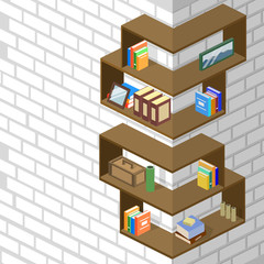 Isometric 3D vector illustration Bookshelf with piles of books. Design interior design for the arrangement of books