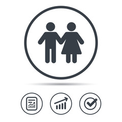 Couple icon. Traditional young family symbol. Report document, Graph chart and Check signs. Circle web buttons. Vector