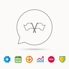 Crosswise waving flag icon. Location pointer sign. Calendar, Graph chart and Cogwheel signs. Download and Shield web icons. Vector