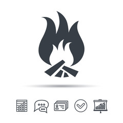 Fire icon. Blazing bonfire flame symbol. Chat speech bubble, chart and presentation signs. Contacts and tick web icons. Vector