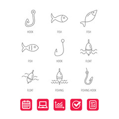 Fishing hook and float icons. Fish, waves linear signs. Report document, Graph chart and Calendar signs. Laptop and Check web icons. Vector
