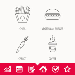 Vegetarian burger, chips and coffee icons. Carrot linear sign. Edit document, Calendar and Graph chart signs. Star, Check and House web icons. Vector