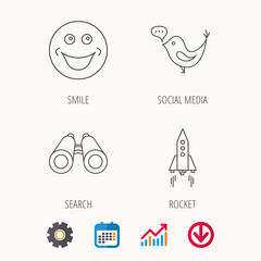 Rocket, social media and search icons. Smiling face linear sign. Calendar, Graph chart and Cogwheel signs. Download colored web icon. Vector