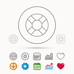 Lifebuoy icon. Lifebelt sos sign. Lifesaver help equipment symbol. Calendar, Graph chart and Cogwheel signs. Download and Heart love linear web icons. Vector