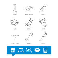 Syringe, beaker and pills icons. Crutch, medical hammer and mirror linear signs. Heart, broken leg and uterus ovary icons. Report file, Graph chart and Chat speech bubble signs. Vector